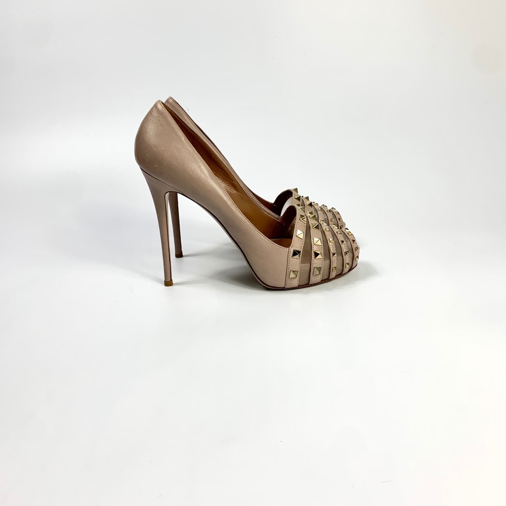 Valentino Blush Peep-Toe Heels with Gold Studs